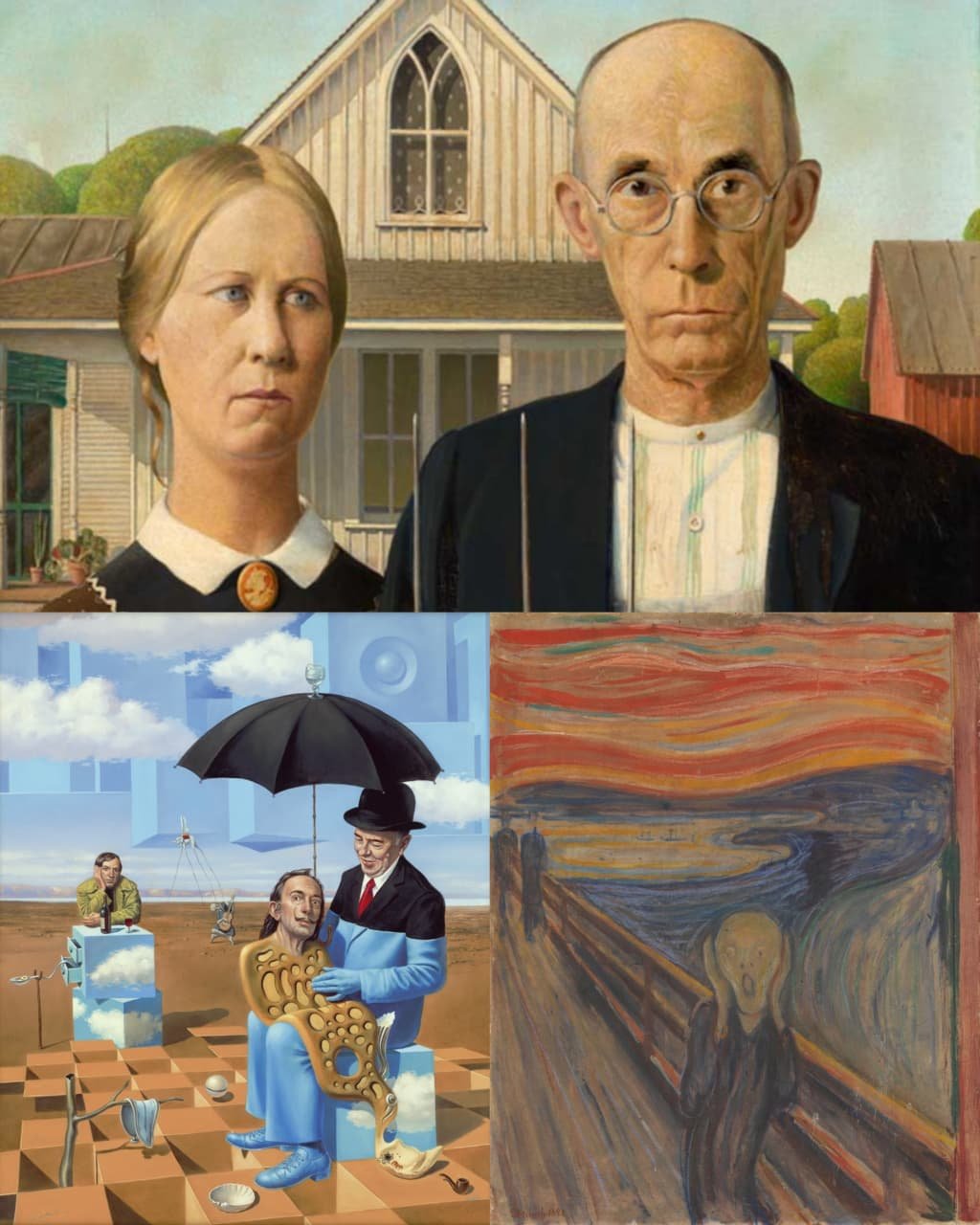 Perbandingan visual antara gaya Realisme yang akurat, Surealisme yang menyerupai mimpi, dan Ekspresionisme yang penuh emosi untuk panduan dekorasi interior.